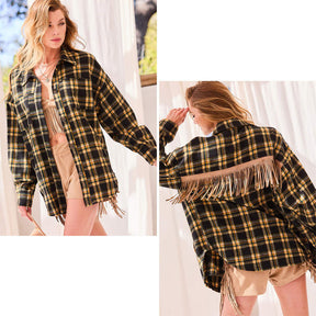 Womens Plaid Jacket Patchwork Fringe Rhinestone Fashion Casual Coat