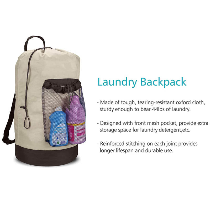 Backpack Laundry Bag With Shoulder Straps And Mesh Pocket Durable Nylon Clothes Bag for College Travel Laundromat -Khaki