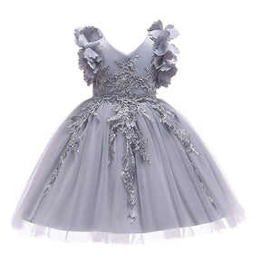 Princess Flower Girl Lace Dress Pageant Kids Christmas Party Dresses-Gray