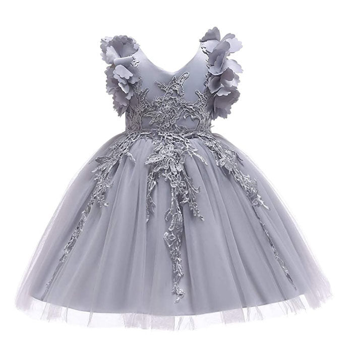 Princess Flower Girl Lace Dress Pageant Kids Christmas Party Dresses-Gray