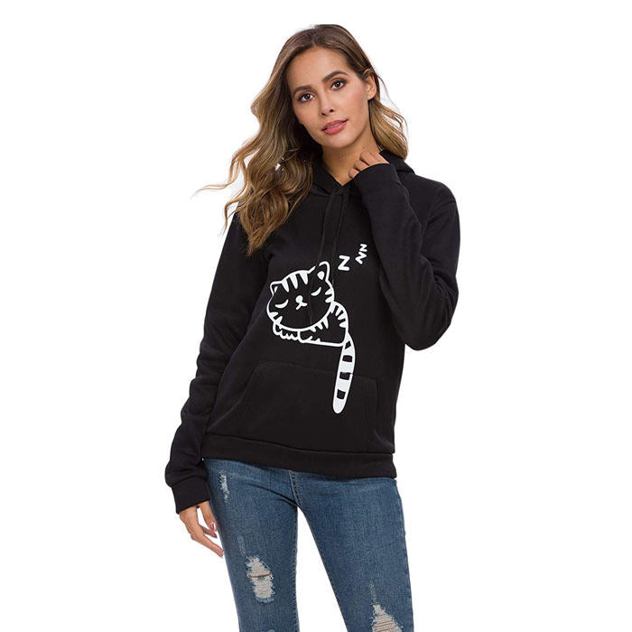 Women Teen Girls Cat Printed Hoodie Sweatshirt Cute Cat Ear Pullover Sweatshirt-Black