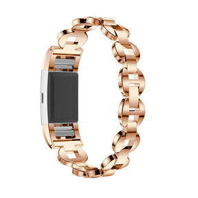 DH Stainless Steel White Diamond+Blue Diamond Watch Band Adjustable Replacement Wristband For Fitbit Charge 2/3 For Women-Rose Gold