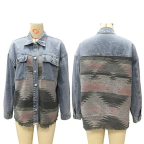 Aztec Denim Jacket for Women Distressed Lapel Long Sleeve Coat-Pink