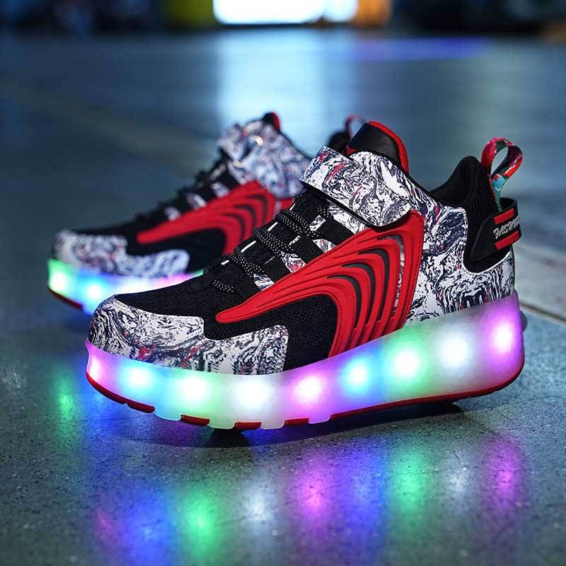 Kids LED Roller Skates Fashion Sneakers with Double Wheel-8088-Black Red