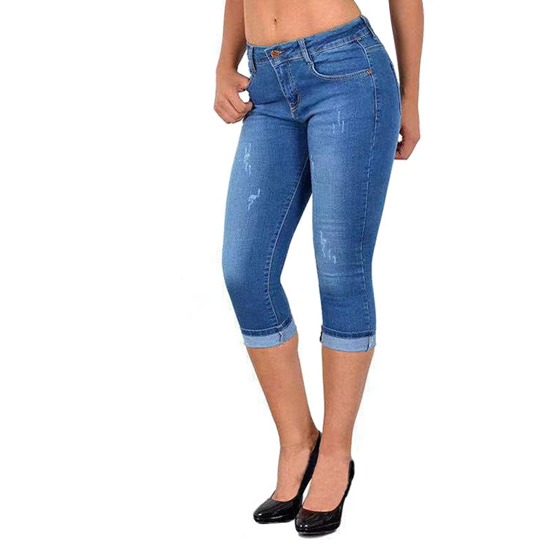 Womens Denim Capri Pants Skinny Slim Fit Casual Jeans-Light