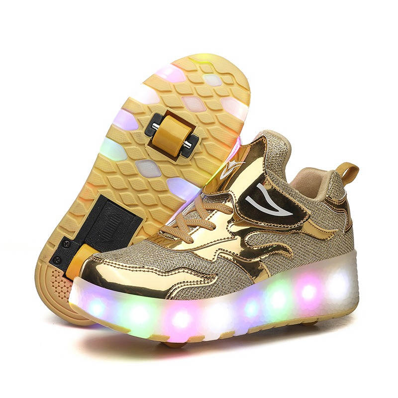 Kids LED Roller Skates Fashion Sneakers with Double Wheel-E67-Golden