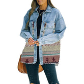 Aztec Denim Jacket for Women Distressed Lapel Long Sleeve Coat-Green