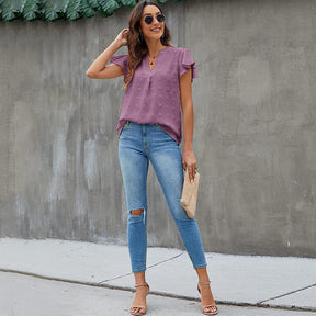 Womens Ruffle Shirts V Neck Short Sleeve Pom Chiffon Blouses Tops-Purple