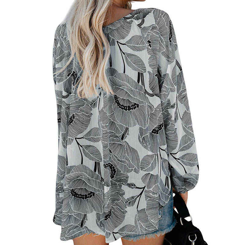 Womens V-neck Casual Boho Floral Print Long Sleeve Shirts-Gray1