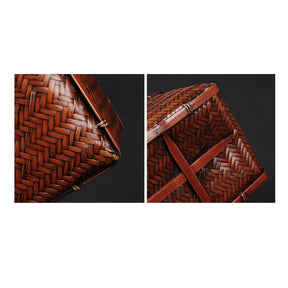 Retro Womens Bamboo Handbag Handmade Large Tote Bag Wicker Summer Straw Basket Bag-Dark Red