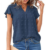 Womens Ruffle Shirts V Neck Short Sleeve Pom Chiffon Blouses Tops-Blue