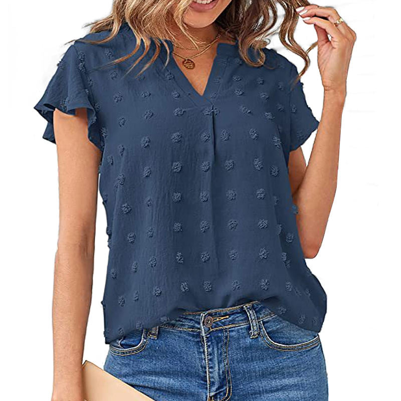Womens Ruffle Shirts V Neck Short Sleeve Pom Chiffon Blouses Tops-Blue