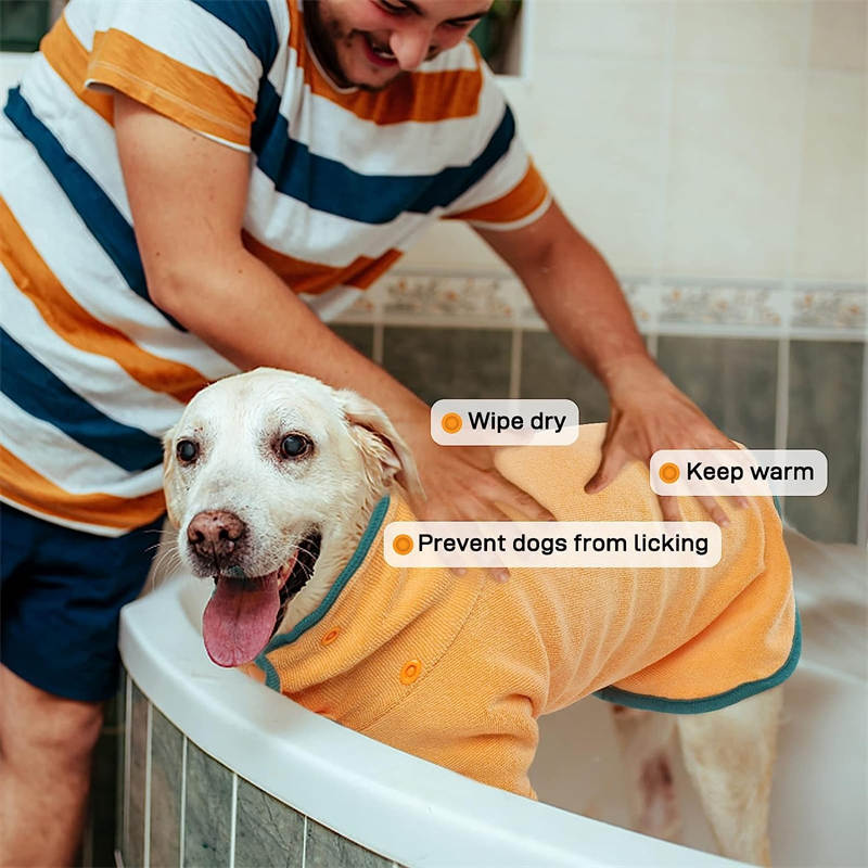 Dog Bathrobe Microfibre Fast Drying Pet Towel Adjustable Button Closure-Orange