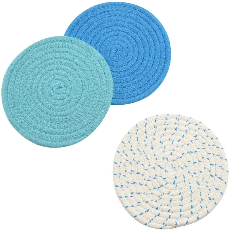 3 Pcs Potholders Colorful Cotton Thread Weave Stylish Coasters Heat Insulation Table Mat by Diameter 18CM-Blue