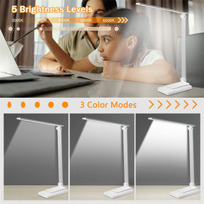 LED Desk Lamp Smart Reading Lamp with USB Charging Port 5 Lighting Modes-White