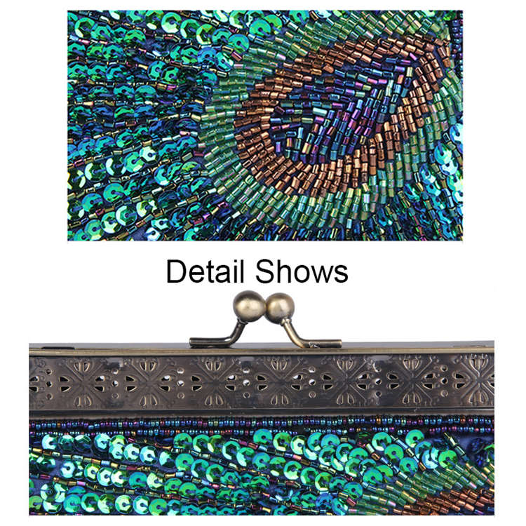 Peacock Clutch Sequined Beaded Evening Handbag-Silver
