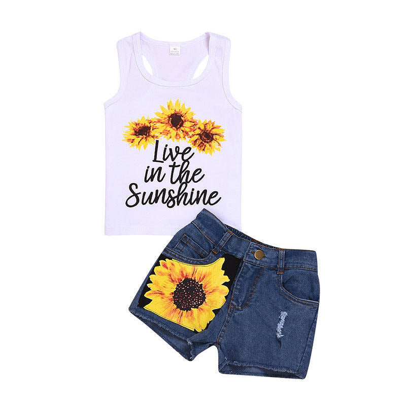 2Pcs Baby Girl Sunflower Outfits Sleeveless Tank Top and Denim Shorts Summer Clothes-Sun Flower