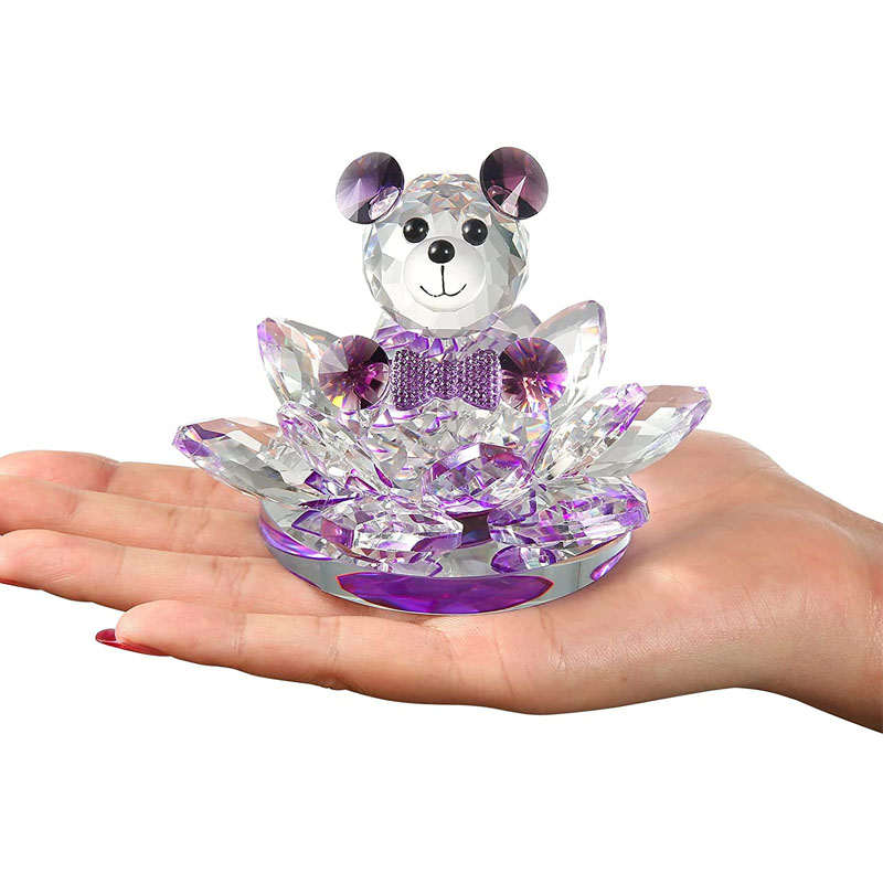 Crystal Bear Lotus Figurine Ornament Gift for Valentine's Day-Purple