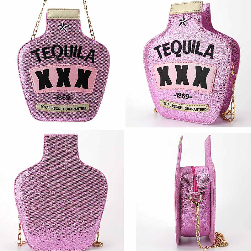 Tequila Bottle Shaped Laser Shoulder Handbags PU Crossbody Purse for Women-SequinPink