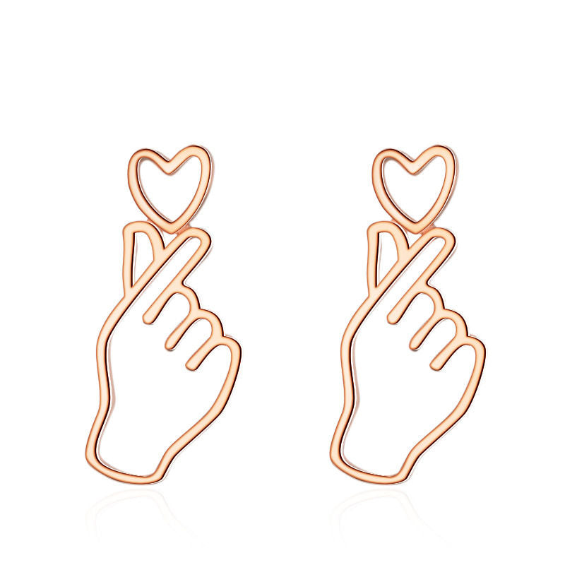 Sweet Heart Gesture Studs Earrings for Women Teen Girls-RoseGold