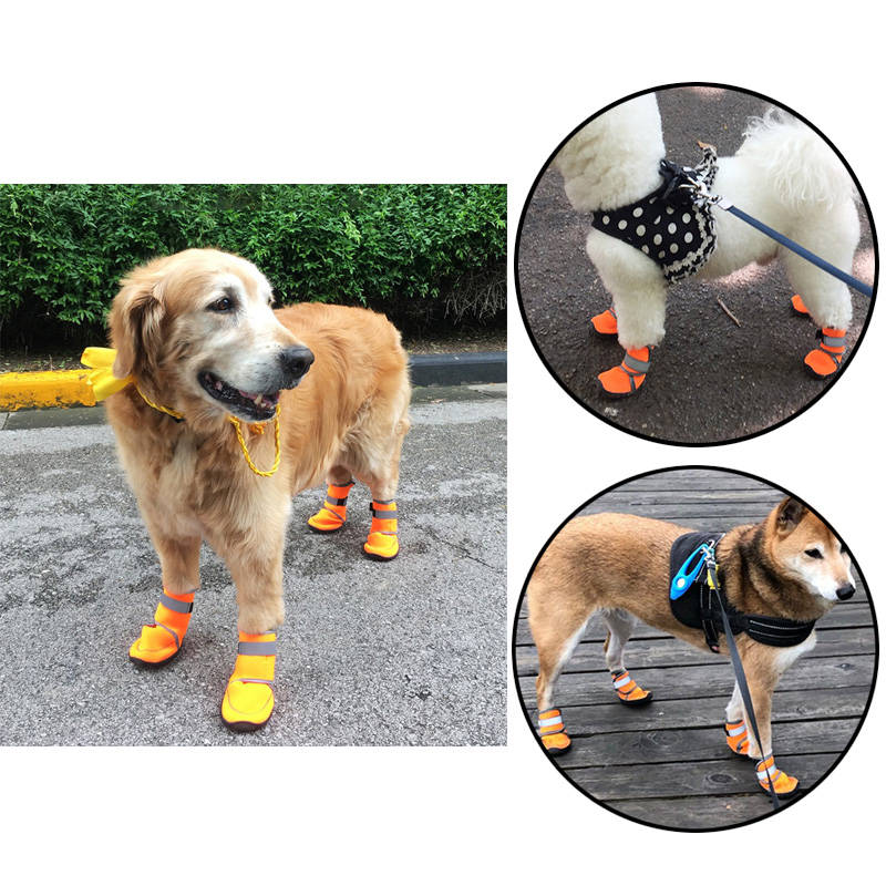 Fluorescent Dog Shoes Adjustable Straps Anti-Slip Sole Paw Protectors-RoseRed