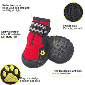 4 Pcs Dog Shoes Non-Slip Warm with Reflective Straps for Middle Large Dogs-Red