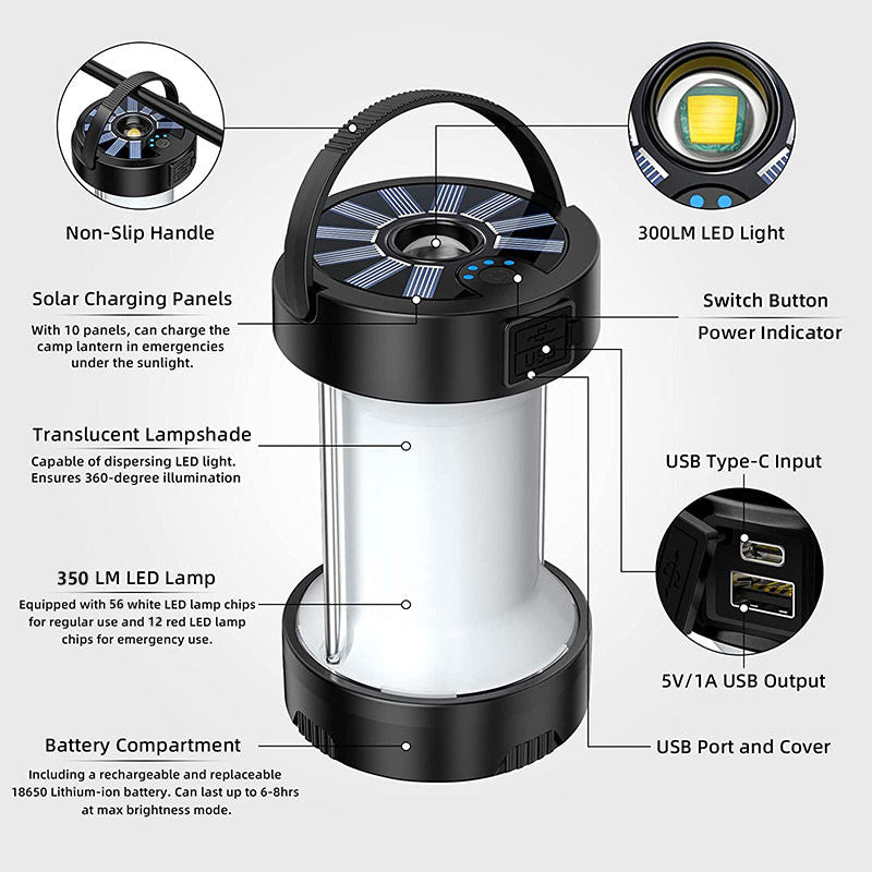 LED Camping Lantern Rechargeable with 4 Modes for Power Outages Outdoor Emergency-Black
