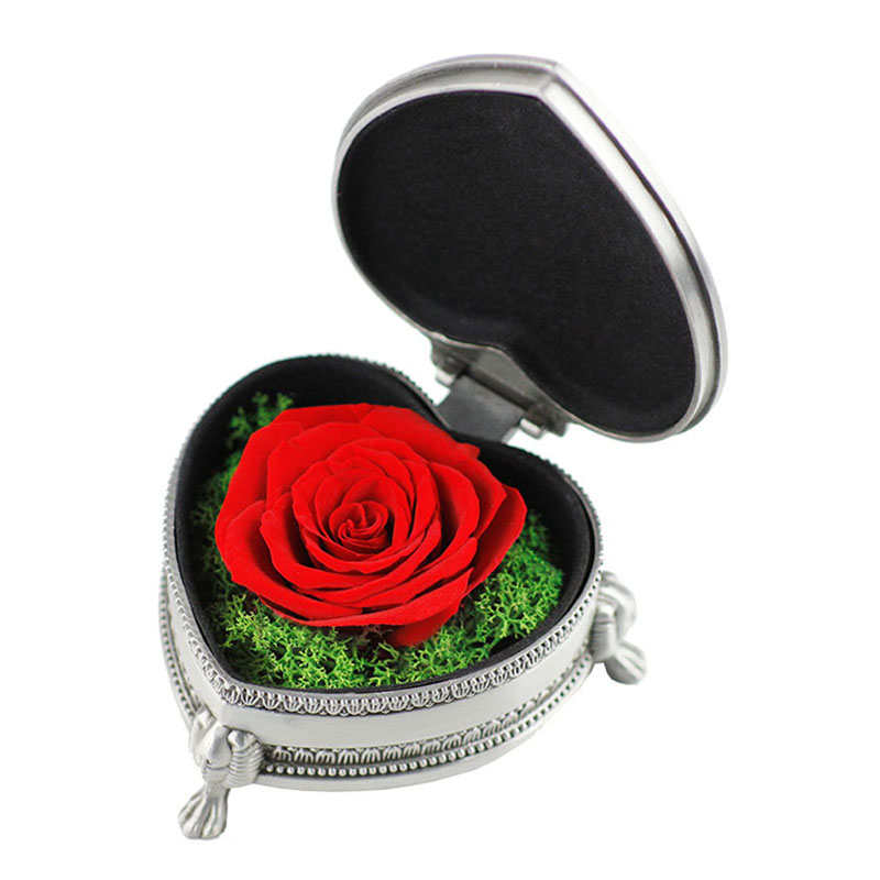 Preserved Flower Rose Heart Gift Box Valentines Day Gift for Her Wife-Silver/Red