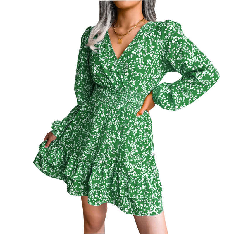 Womens Floral Long Sleeve V Neck Elastic High Waist Chiffon Dress-Green