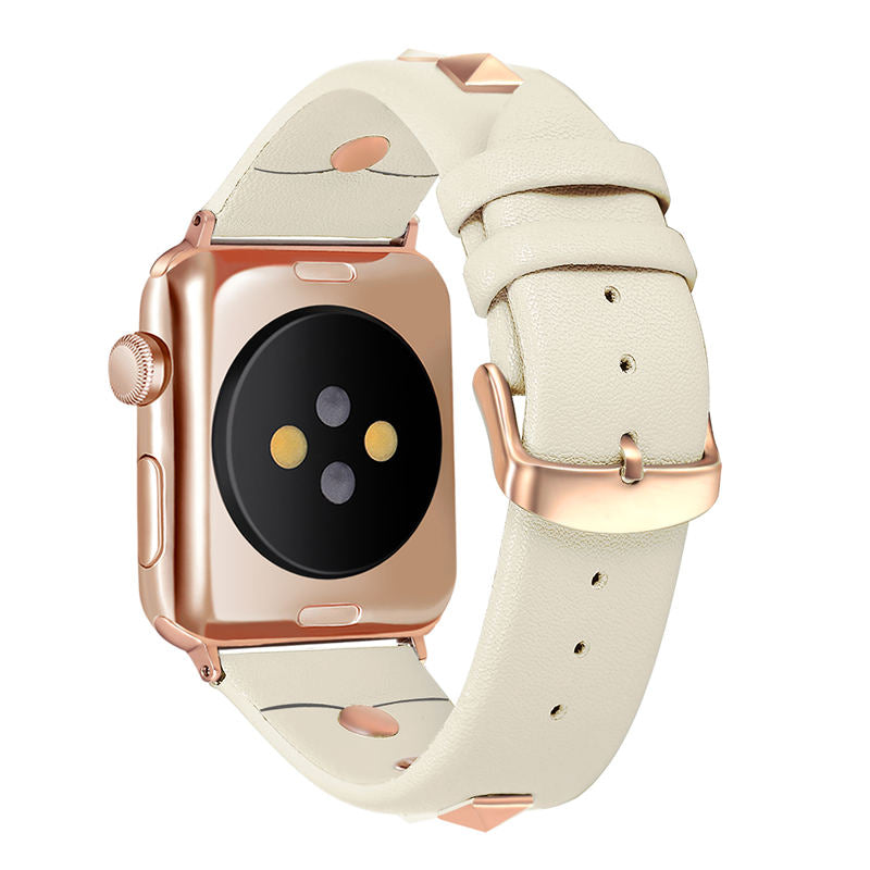 Stylish RoseGold Rivets Leather Replacement Band for iWatch Series 6/5/4/3/2/1/SE-White