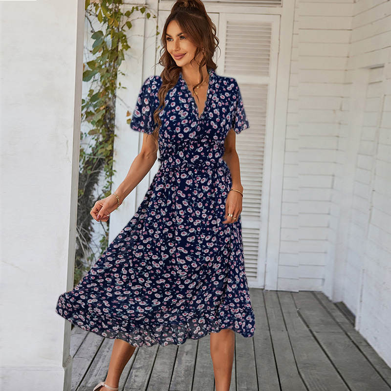 Womens V Neck Floral Dress Summer Beach Vacation Chiffon Dress-Dark Blue