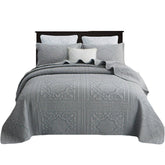 Queen Size Comforter Cover Embroidery Square Grey Quilt With 2 Pillow Cases