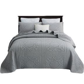 Queen Size Comforter Cover Embroidery Square Grey Quilt With 2 Pillow Cases