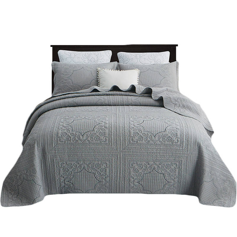 Queen Size Comforter Cover Embroidery Square Grey Quilt With 2 Pillow Cases