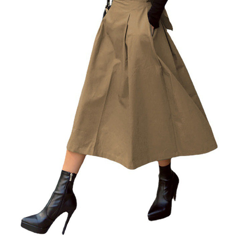 Womens Elegant High Waist Bowknot Skirt Back Tie Long Dress-Khaki