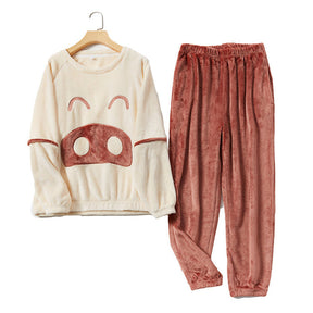 Cartoon Crewneck Pullover Pajamas Set-Beige
