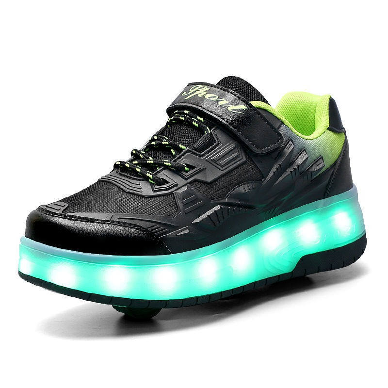 Kids Fashion LED Roller Shoes with Double Wheels for Boys Girls-Black