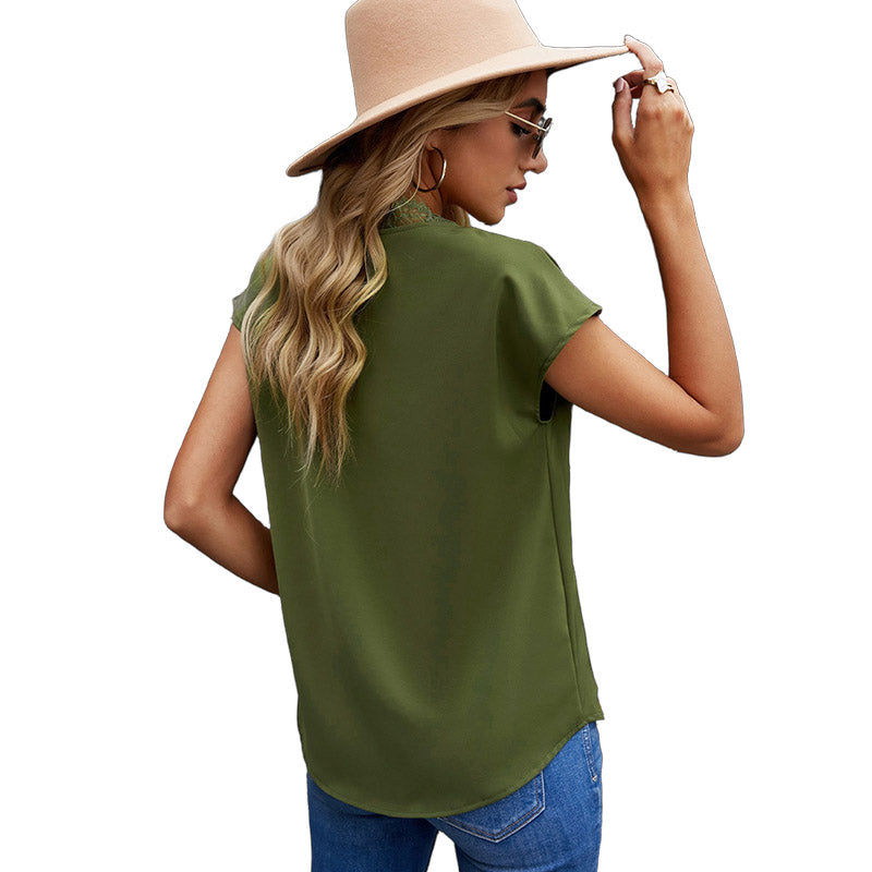 Womens Lace V Neck Blouse Solid Color Summer Lightweight Casual Chiffon Shirt-Green