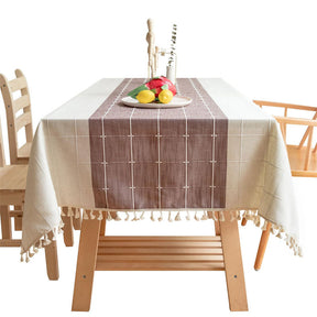 Embroidery Tassel Tablecloth Cotton Linen Dust-Proof Table Cover for Party Home Tabletop Decoration-Purple