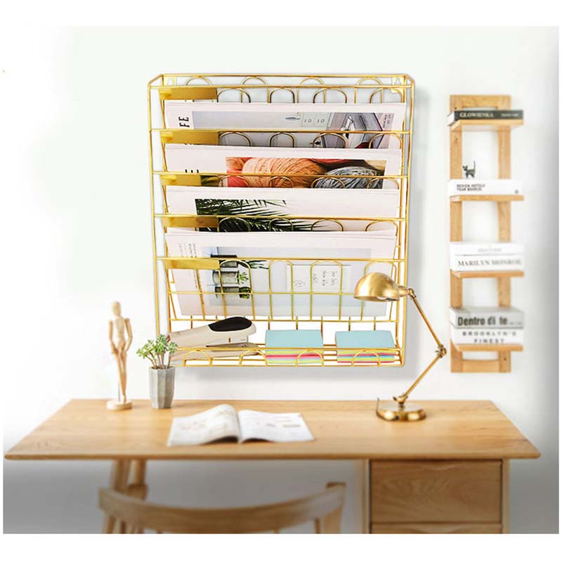 Hanging File Organizer6 Tier Wall Mount Document Letter Tray File Organizer for Home and Office -Gold