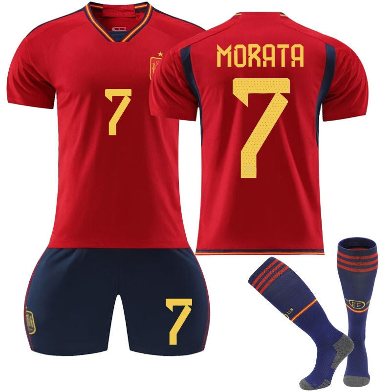 MORATA #7 Spain Home Jersey 2022/23 Soccer Jersey Kit Football T-shirt Set For Adult Kids