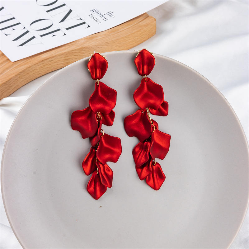 Long Drop Rose Petal Earrings for Women and Girls-Red