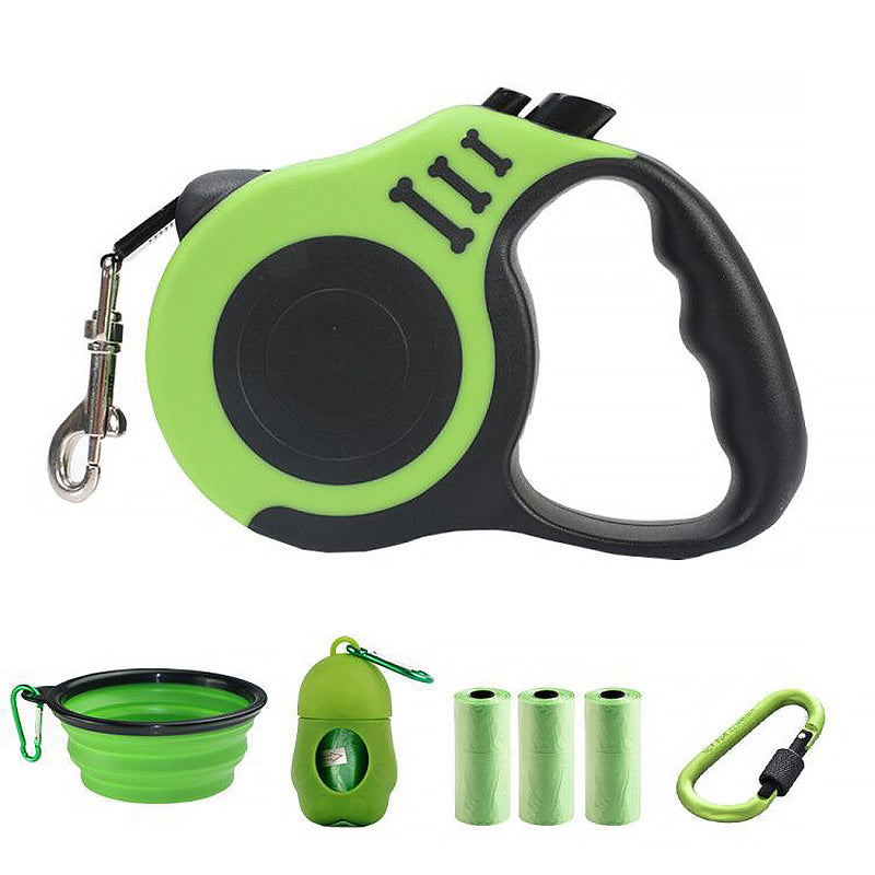 Retractable Dog Leash Lightweight Portative with Folding Bowl Dispenser Waste Bag-Green