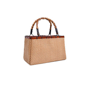 Retro Womens Bamboo Handbag Handmade Large Tote Bag Wicker Basket Bag-Beige