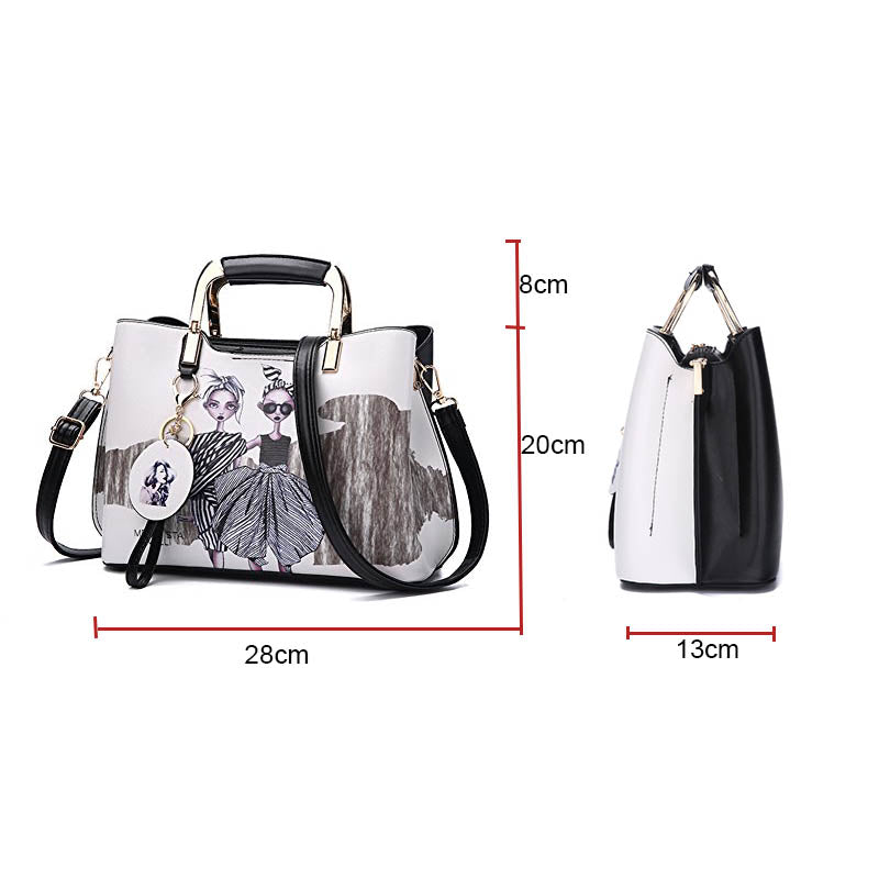 Ladies Leather Personalized Print Handbags Large Capacity Satchel-Two Girls