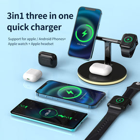 Intelligent 3-in-1 Wireless Fast Charge Station for iPhone Airpods Pro Apple Watch-Black