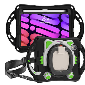 CatB Silicone Case For iPad Mini 6 Shockproof Shoulder Strap Handle Stand-Black Green