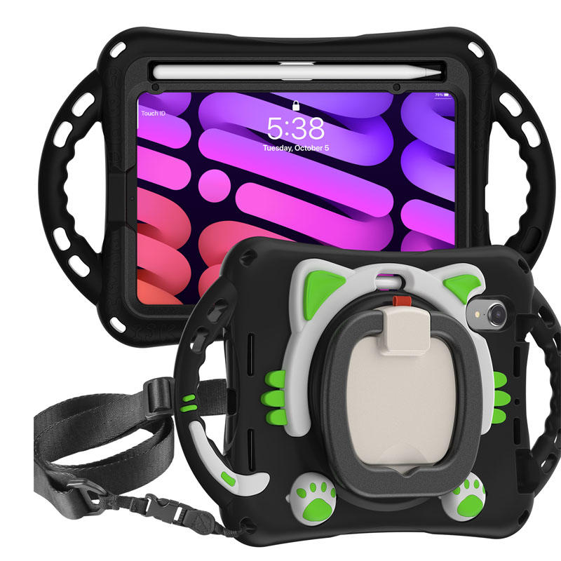 CatB Silicone Case For iPad Mini 6 Shockproof Shoulder Strap Handle Stand-Black Green