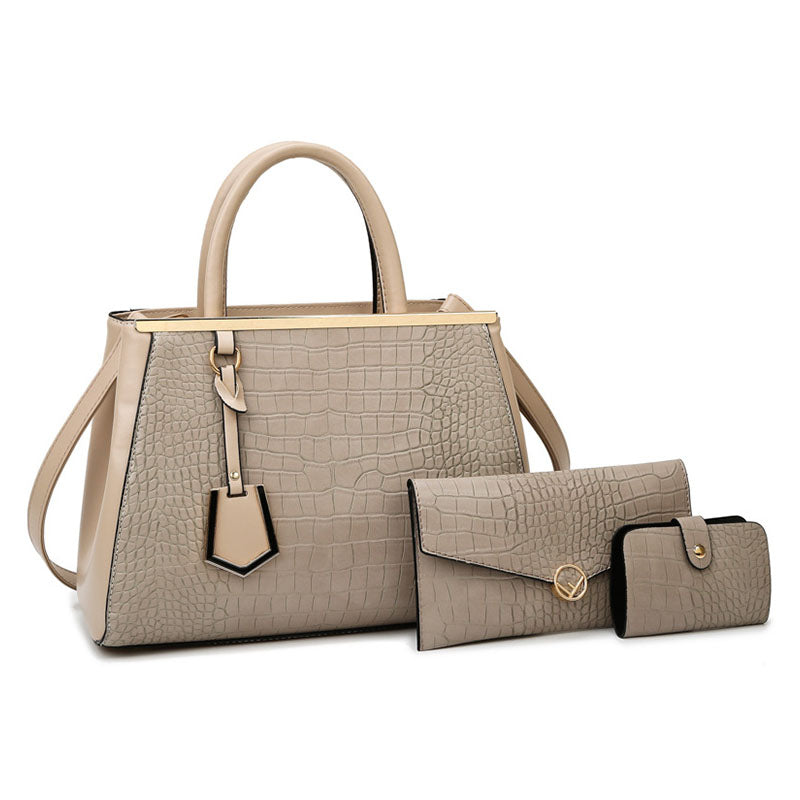 3Pcs Women Tote Bags Large Capacity Crack Design Fashion Purse-Khaki