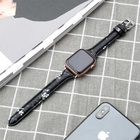Slim Flower Printed Leather Watch Band For Apple Watch SE/6/5/4/3/2/1(Grey Flower)